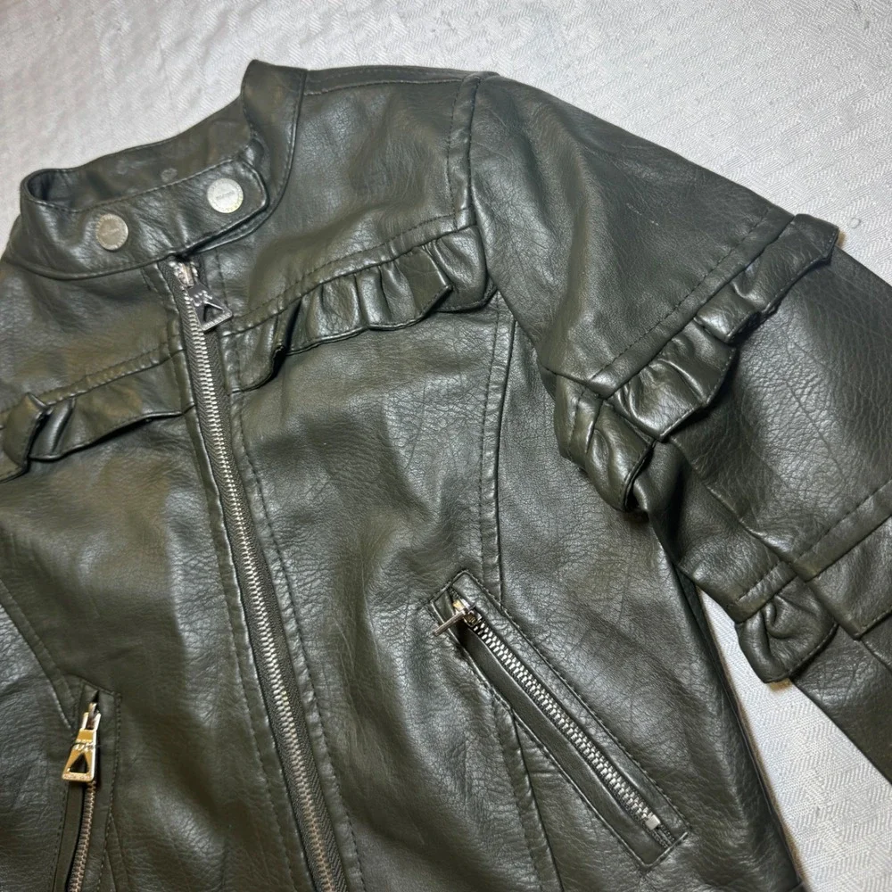 Urban Republic Girls Olive Green Faux Leather Ruffle Moto Jacket 4T 5906